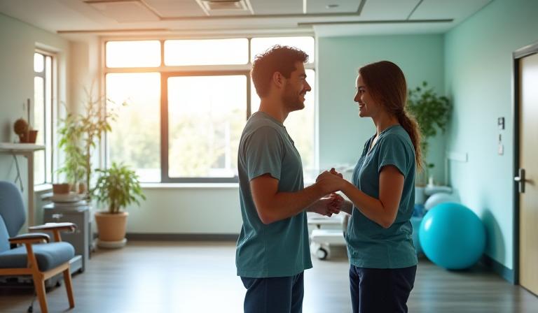 患者が理学療法士とリハビリをする様子